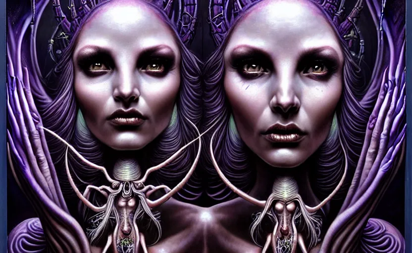 Image similar to A beautiful detailed alien goddess woman with 6 arms super dark tarot card, gorgeous model face by Stanley Artgerm, by tomasz alen kopera and Justin Gerard, 4 eyes, beautiful symmetrical features, ominous, magical realism, melting, texture, intricate, ornate, royally decorated, melting, whirling smoke, embers, purple adornments, blue torn fabric, radiant colors, fantasy, trending on artstation, volumetric lighting, micro details, 3d sculpture, ray tracing, 8k, anaglyph effect