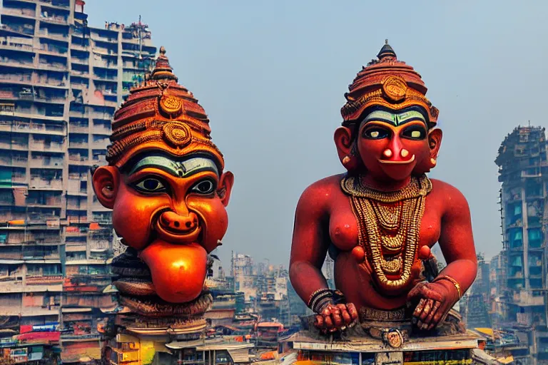 Image similar to high quality 3 d cyberpunk biomorphic hanuman head building in the middle of mumbai!!, kalighat highly detailed, cinematic smooth, stephen shore & john j. park, soft morning light, wide shot, high angle, uhd 8 k, deep focus