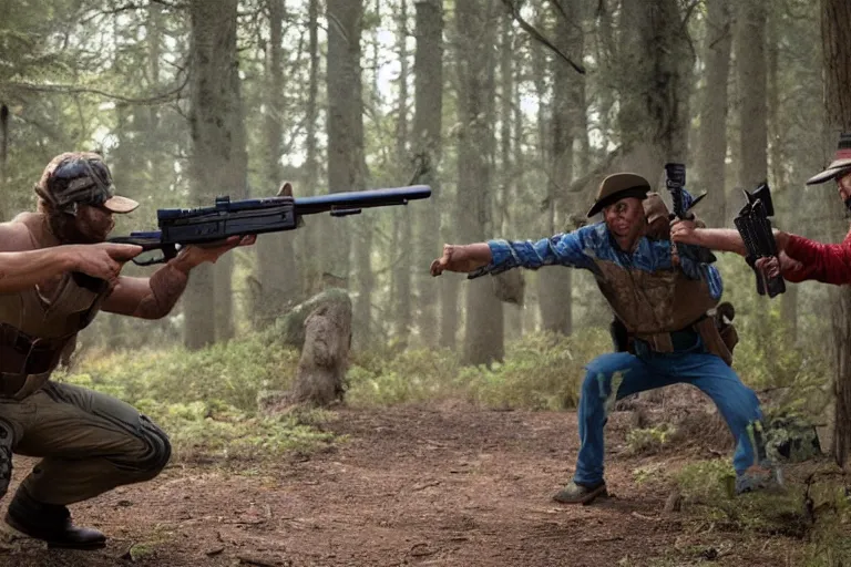 Image similar to two woodland creatures battling each other with guns, mexican standoff, woodland setting