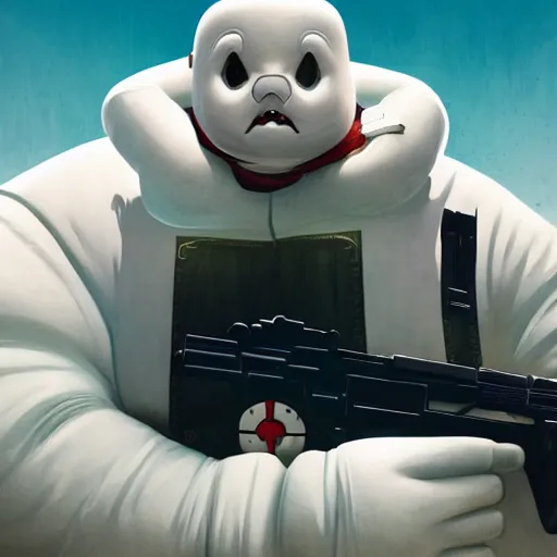 Prompt: imposing, ominous portrait of stay puft marshmallow man as a grand theft auto 5 loading screen, symmetry, front view, intricate, studio, art by anthony macbain + greg rutkowski + alphonse mucha, concept art, 4k, sharp focus