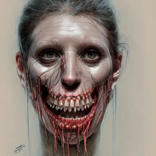 Image similar to a portrait of margarita simonyan, flesh eating worms, macabre, horror saw teeth, horror rotten teeth, peeling face skin, by donato giancola and greg rutkowski and wayne barlow and zdzisław beksinski, realistic face, visible face, digital art, artstation, symmetry