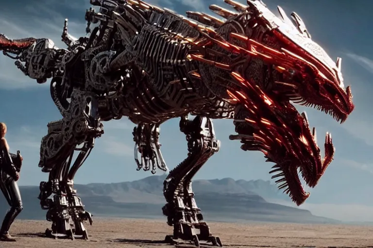 Image similar to cinematic still of westworld, a intact stunning intricate si - fi robotic fantasy dragon, well armored mech dragon, highly detailed