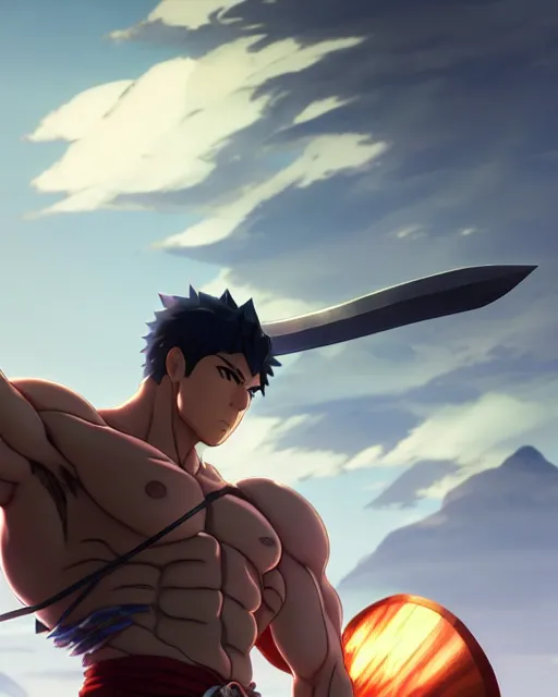 Image similar to strong muscular warrior with a greatsword, dramatic pose, square masculine facial features, short messy hair, intimidating appearance, 3 d octane render, unreal engine 5, ultra high detail, cel shaded, trending on pixiv fanbox, by greg rutkowski makoto shinkai takashi takeuchi studio ghibli, akihiko yoshida