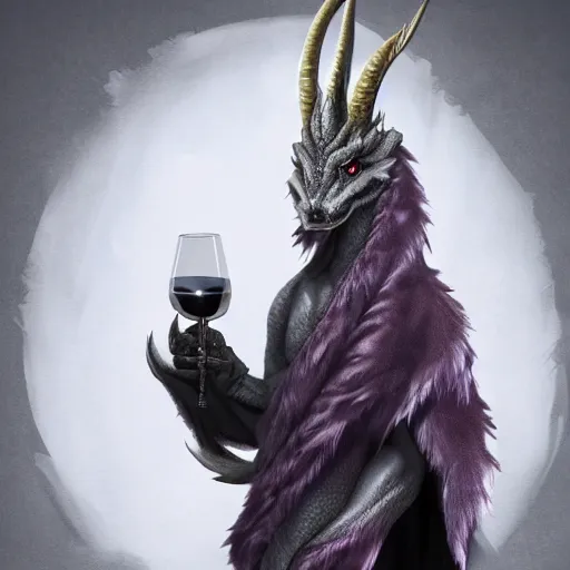 Prompt: young male anthro dragon, covered in silvery light grey scales, sculpted draconic features, glowing eyes, toned arms, wearing a luxurious velvet robe, holding a glass of wine, commission on furaffinity, artstation, high quality highly detailed digital art