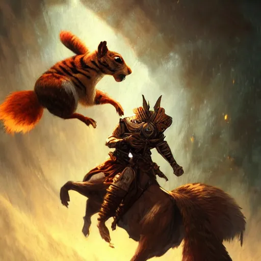 Image similar to Squirrel knight riding tiger, magic the gathering artwork, D&D, fantasy, cinematic lighting, centered, symmetrical, highly detailed, digital painting, artstation, concept art, smooth, sharp focus, illustration, volumetric lighting, epic Composition, 8k, art by Akihiko Yoshida and Greg Rutkowski and Craig Mullins, oil painting, cgsociety