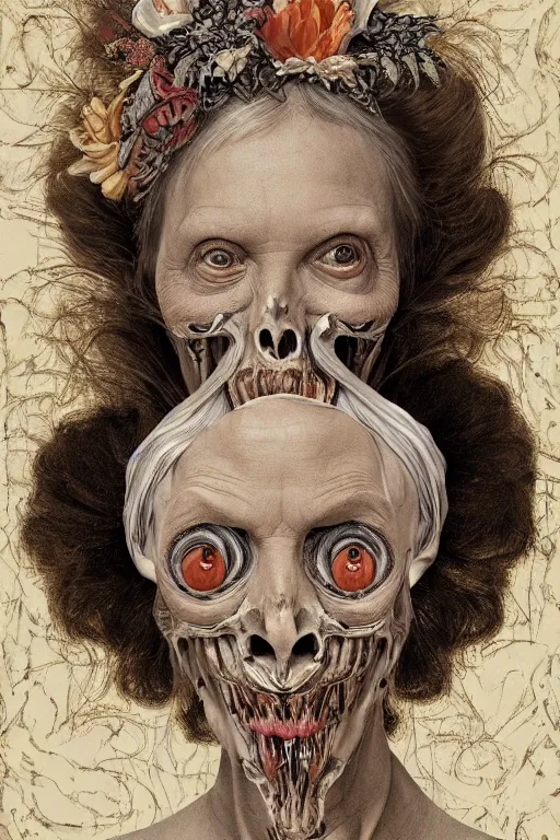 Prompt: Detailed maximalist portrait of an old woman with large lips and eyes, scared expression, botanical skeletal with extra flesh, HD mixed media, 3D collage, highly detailed and intricate, surreal illustration in the style of Caravaggio, dark art, baroque