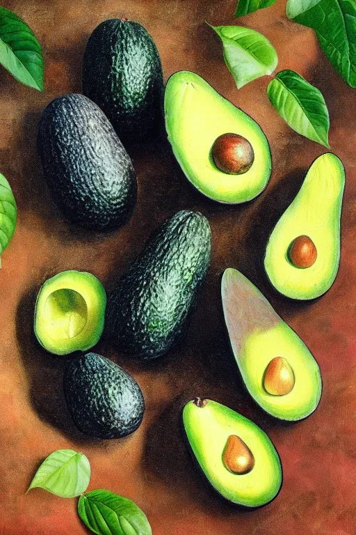 Prompt: A beautiful still life oil painting of Avocados lying on a silk cloth, fog, volumetric lighting, summer, hyperrealistic, colorful, hyperdetailed.