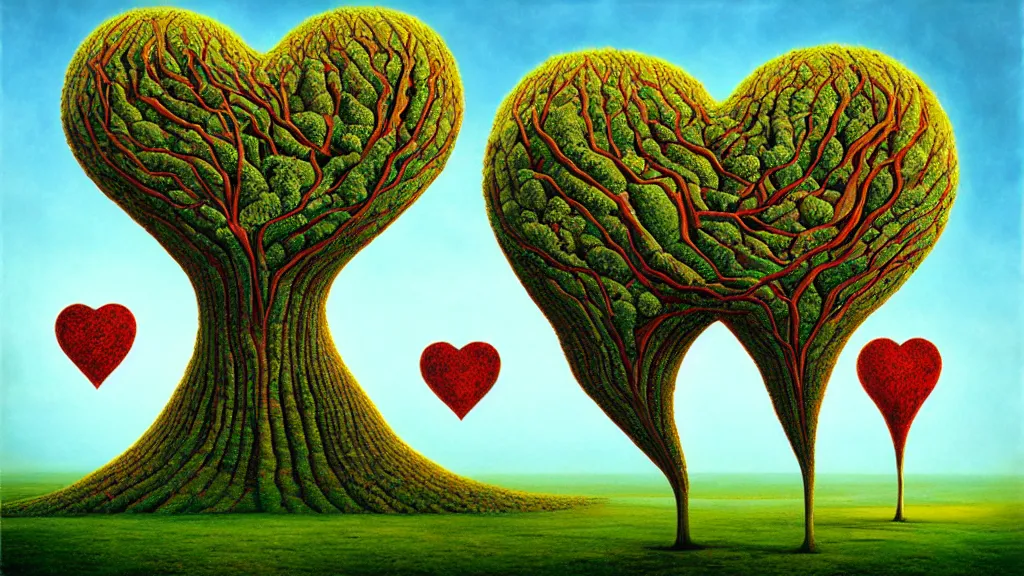 Image similar to surreal landscape, surrealism, fibonacci, heart shaped trees, symmetrical, esao andrews, victor enrich, dali