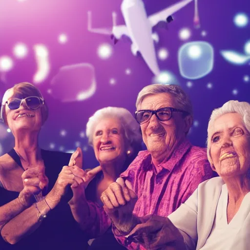 Image similar to old people in a nightclub, airplane background, 4k