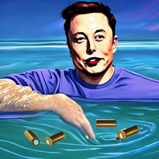 Image similar to painting of Elon Musk swimming in money and gold