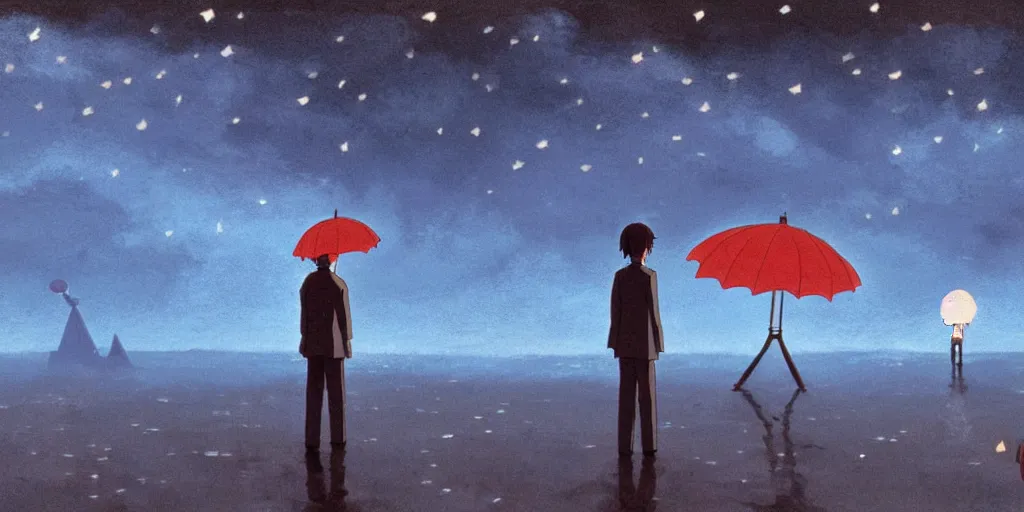 Image similar to a realistic cell - shaded studio ghibli concept art from paprika ( 2 0 0 6 ) of a man with an umbrella standing on a floating cube from close encounters of the third kind ( 1 9 7 7 ) on a misty starry night. very dull colors, hd, 4 k, hq