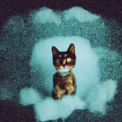 Prompt: a photo of a cat in a cloud of falling glitter, duochrome,, f 1. 4