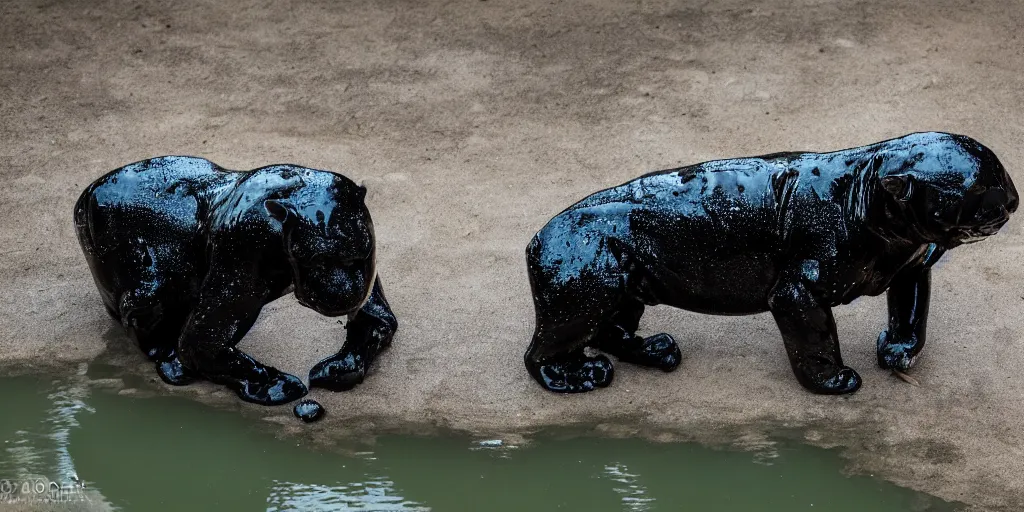 Image similar to the smooth black jaguar, made of smooth black goo, bathing in the tar moat in the zoo exhibit, viscous, sticky, full of tar, covered with black goo, splattered tar, dripping tar, dripping goo, splattered goo, sticky tar. photography, dslr, reflections, black goo, zoo, exhibit