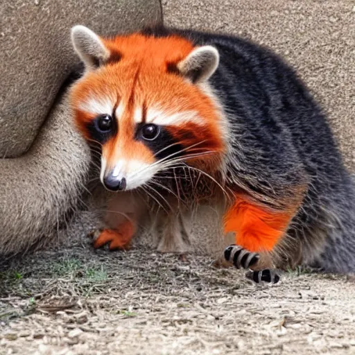 Prompt: racoon puts orange cat in it's place