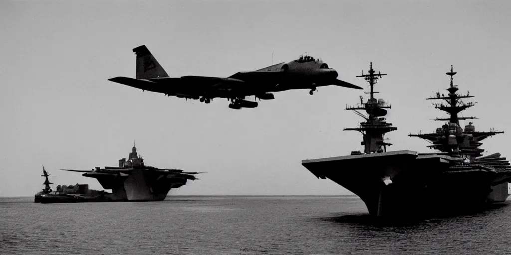 Image similar to a black monolith floats in the sky above an aircraft carrier 1 9 5 0, archive photo