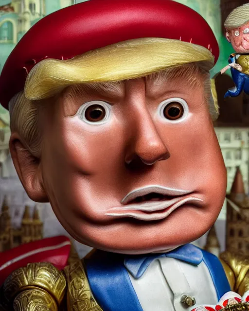 Image similar to highly detailed closeup, face profile portrait of a tin toy donald trump as a fairytale henry viii eating cakes, depth of field, nicoletta ceccoli, mark ryden, lostfish, max fleischer, breathtaking, detailed and intricate environment, 8 k resolution, hyperrealistic, octane render