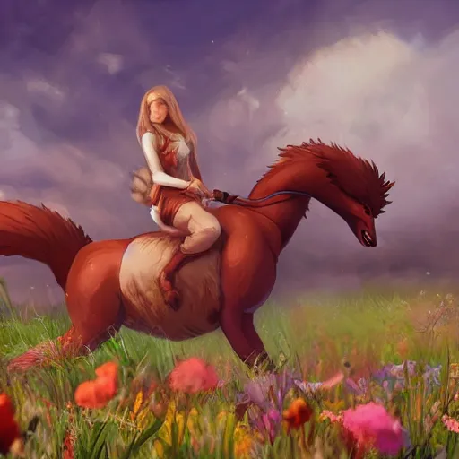 Image similar to girl riding a giant fox in a field of flowers, trending on artstation