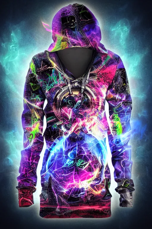 Prompt: photo of a hoodie, band merchandise, bandname is tripmachine, tourname is invasion of the tripmachines, realistic digital art, hoodie is textured with a 3 d render of a huge futuristic steampunk generator, 8 k, fluorescent colors, halluzinogenic, multicolored, exaggerated detailed, unreal engine