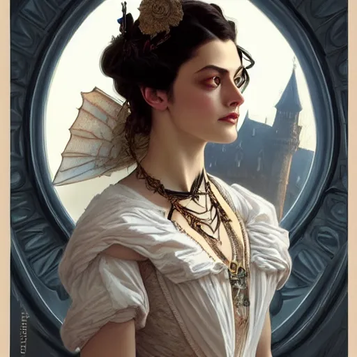 Image similar to Phoebe Tonkin dressed in Victorian fashion, D&D, fantasy, intricate, elegant, highly detailed, digital painting, artstation, concept art, matte, sharp focus, illustration, art by Artgerm and Greg Rutkowski and Alphonse Mucha