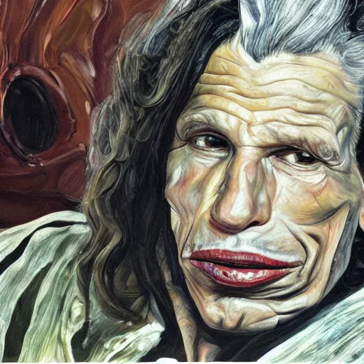 Image similar to high quality high detail painting by lucian freud, hd, portrait of steven tyler