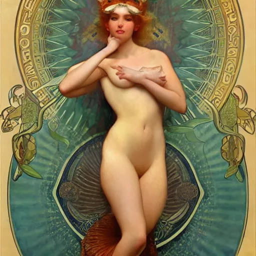 Image similar to full body pose, hyperrealistic oil painting of beautiful starbucks mermaid, dim volumetric lighting, art nouveau, by mucha and elvgren. extremely hyper detailed, intricate, epic composition, cinematic lighting, masterpiece, trending on artstation