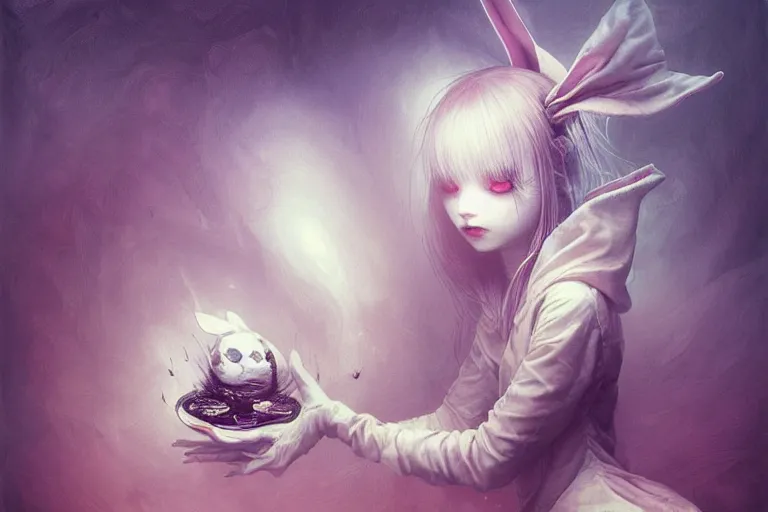 Image similar to Keeping you sane, And you fade away just enough, You felt the edge again, You took two pills And you fell asleep, Hugging six rabbits And having pink nightmares, concept art, trade on artstation, sharp focus, psychedelic, by Yoshitaka Amano, Mark Ryden, Peter Mohrbacher, Gloom, fantasy art, masterpiece, Hyperrealism. Subsurface scattering. Octane Render. Weirdcore