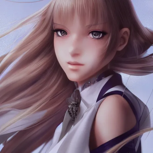 Image similar to luxury advertisement, astonishing portrait of a very beautiful anime high-school girl with blonde hair ponytail, white ribbon, full perfect face, realistic, highly detailed background, artstation, 120 degree view, drawn by Sasoura, Satchely and Akihiko Yoshida, no distortion