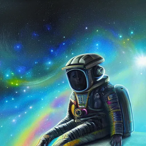 Prompt: a cosmic explorer flying through space, artstation hall of fame gallery, editors choice, #1 digital painting of all time, most beautiful image ever created, emotionally evocative, greatest art ever made, lifetime achievement magnum opus masterpiece, the most amazing breathtaking image with the deepest message ever painted, a thing of beauty beyond imagination or words