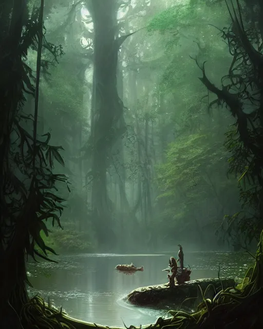 Prompt: a dark magical pond surrounded by a dense forest of enormous trees, deep focus, d & d, fantasy, intricate, elegant, highly detailed, digital painting, artstation, concept art, matte, sharp focus, illustration, hearthstone, art by greg rutkowski and alphonse mucha and andreas rocha