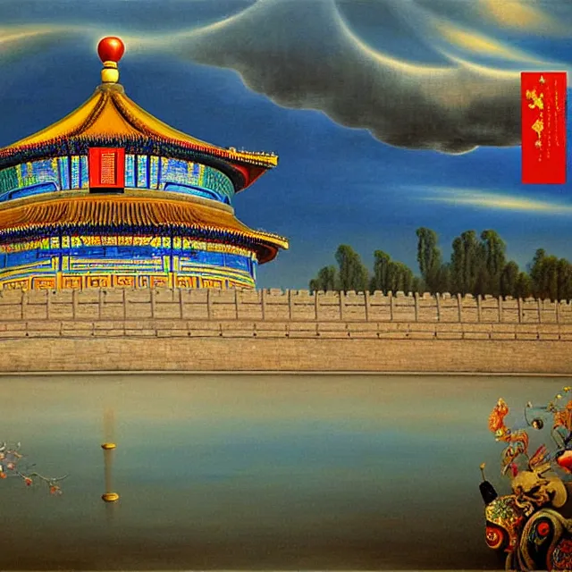 Prompt: a beautiful painting cyberpunk beijing imperial palace, temple of heaven, great wall, by salvador dali realistic oil painting
