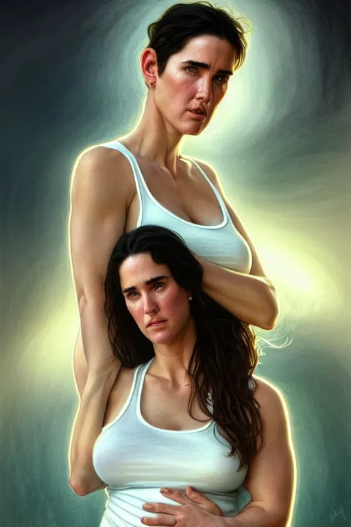 Image similar to pregnant jennifer connelly in a white tank top, realistic portrait, symmetrical, highly detailed, digital painting, artstation, concept art, smooth, sharp focus, illustration, cinematic lighting, art by artgerm and greg rutkowski and alphonse mucha