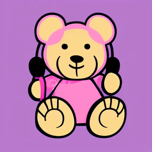 Prompt: a cute pink cuddly bear wearing headphones vector logo