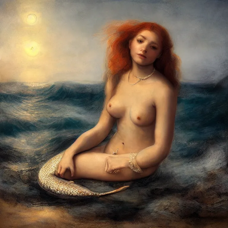 Prompt: beautiful painting of a mermaid posing on a beach, female gaze, dreamy eyes, beautiful lighting, cinematic, highly detailed, 4 k, rembrandt