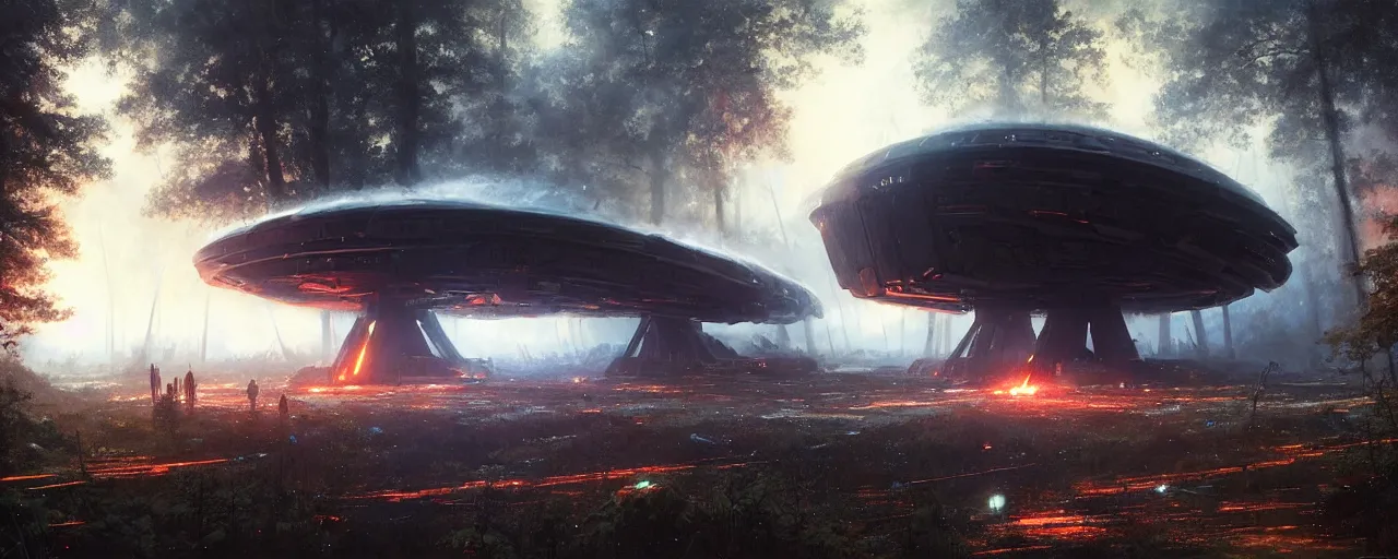 Image similar to a giant megastructure spaceship wrecked and lost in the forest, a small fire in the distance, powerful laser light and large sound system on the left, detailed digital art by greg rutkowski.