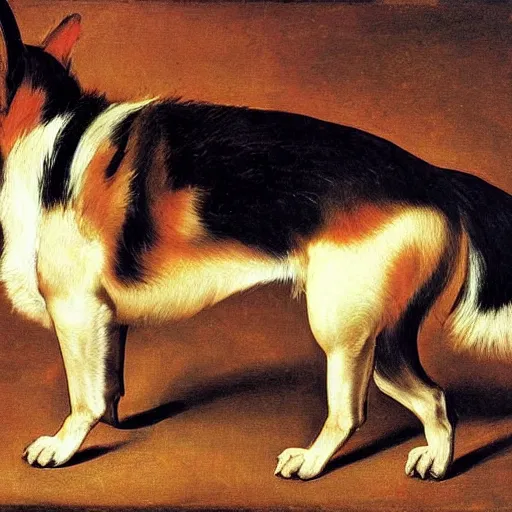 Image similar to A Hell Hound corgi, caravaggio