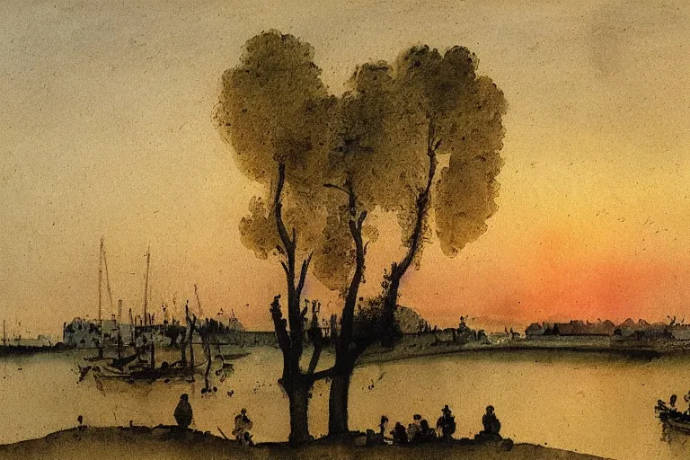 Prompt: watercolor painting of ( la grande motte ) at sunset by watteau