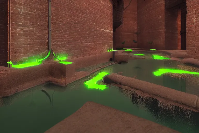 Prompt: stylized sewers environment, concave brick walls run along the center channel, pipes on the walls, a slight green glow emanates from the water, lively, Unreal Engine render, Artstation 4K