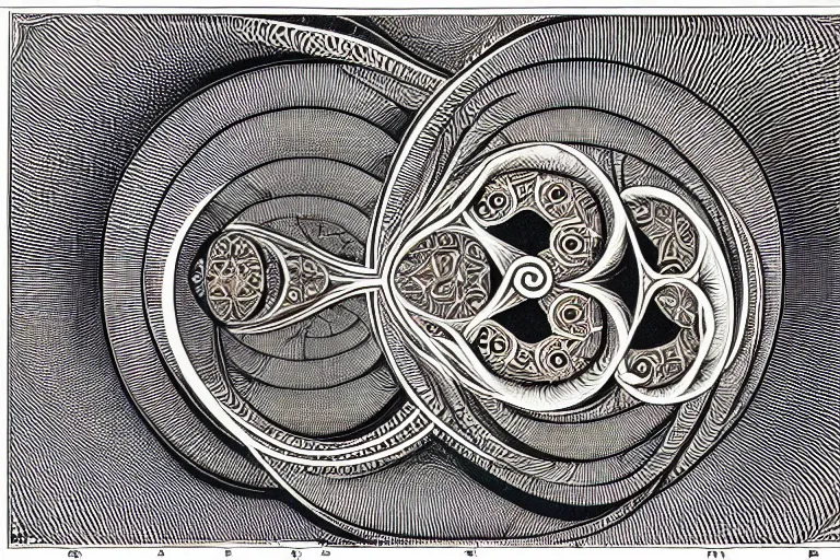 Image similar to an ornate illustration in the styles of mandalas and fractals, the styles of escher and penrose, depicting a weasel staring deep into the heart of the impossible all - and - nothing of the emerging technological singularity ; / what has god wrought? / he seems to be whispering.