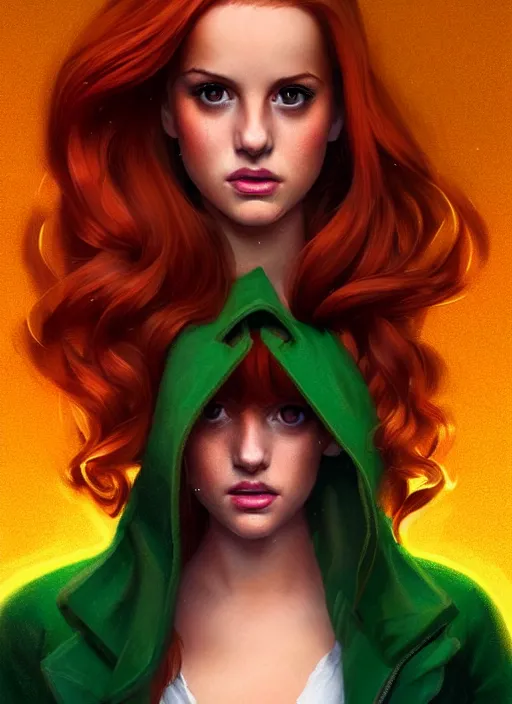 Image similar to full body portrait of teenage cheryl blossom, bangs, green eyes, mischievous expression, red hair, sultry smirk, bangs and wavy hair, intricate, elegant, glowing lights, highly detailed, digital painting, artstation, concept art, smooth, sharp focus, illustration, art by wlop, mars ravelo and greg rutkowski