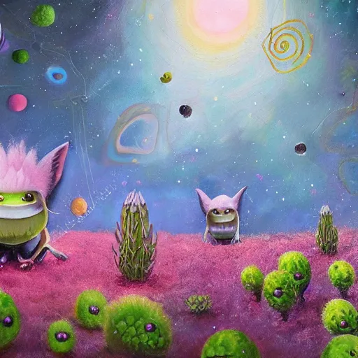 Image similar to cute fluffy aliens with big eyes and big ears in field of weird luminescent flowers and succulent trees detailed oil painting 4 k