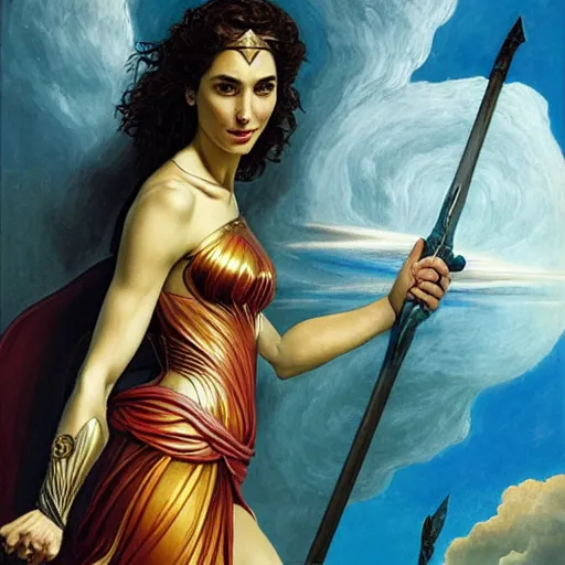 Image similar to Full body oil painting of the beautiful goddess Gal Gadot as Atenea, she is wearing roman clothes and a surreal jewelry, her hair is natural disheveled, she is approaching heaven over the clouds, naturalism, dramatic lighting, high-detailed oil painting by Ilya Repin, Michelangelo da Caravaggio, William Blake, Alex Grey and Beksinski, trending on Artsation, hystorical painting, naturalism, masterpiece, 4k, 8k,