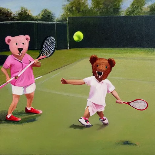 Prompt: two pink bears playing tennis on a grass court, the bears are wearing white shorts and a white polo, the crowd is cheering, oil painting