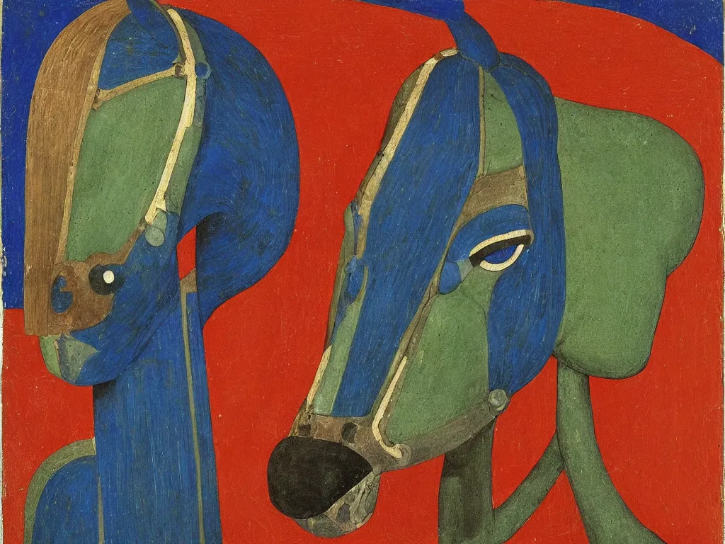 Image similar to portrait of a horse head with painted archaic totemic oceanian mask. lapis lazuli, malachite, cinnabar, petrol, gold. painting by piero della francesca, balthus, agnes pelton