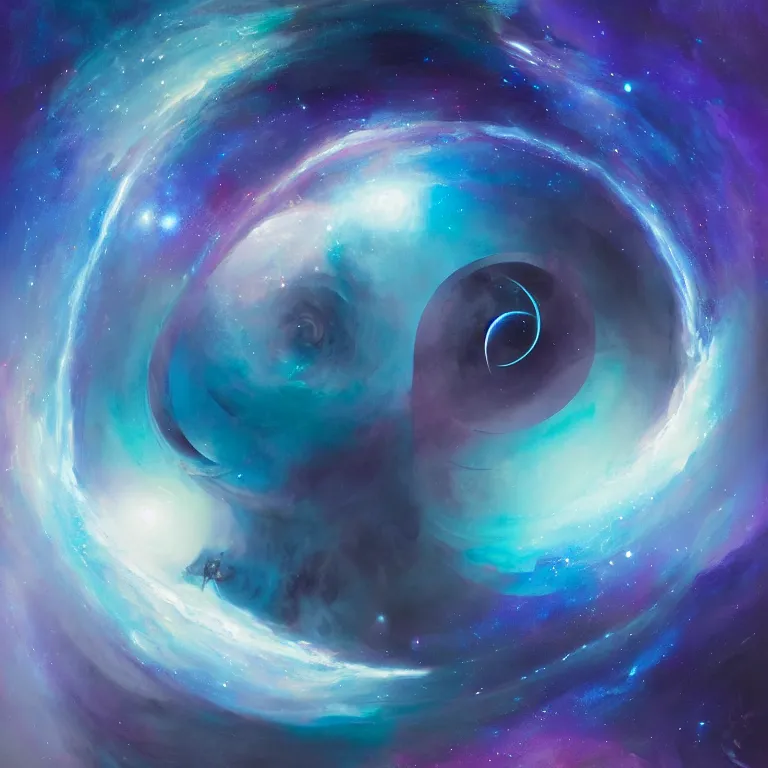 Prompt: a magical realism galaxy made of blue and purple waves in the shape and form of the Yin Yang symbol, ultradetailed painting, volumetric lighting by pete mohrbacher