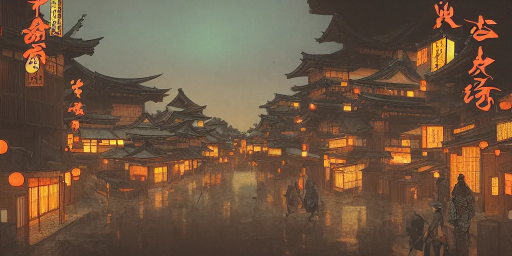 Image similar to feudal japan tokyo street at dusk, cinematic lighting!!, 4k, trending on artstation, intricate illustration, fast sketch!!!!, rough, ultra detailed, art by albert bierstadt