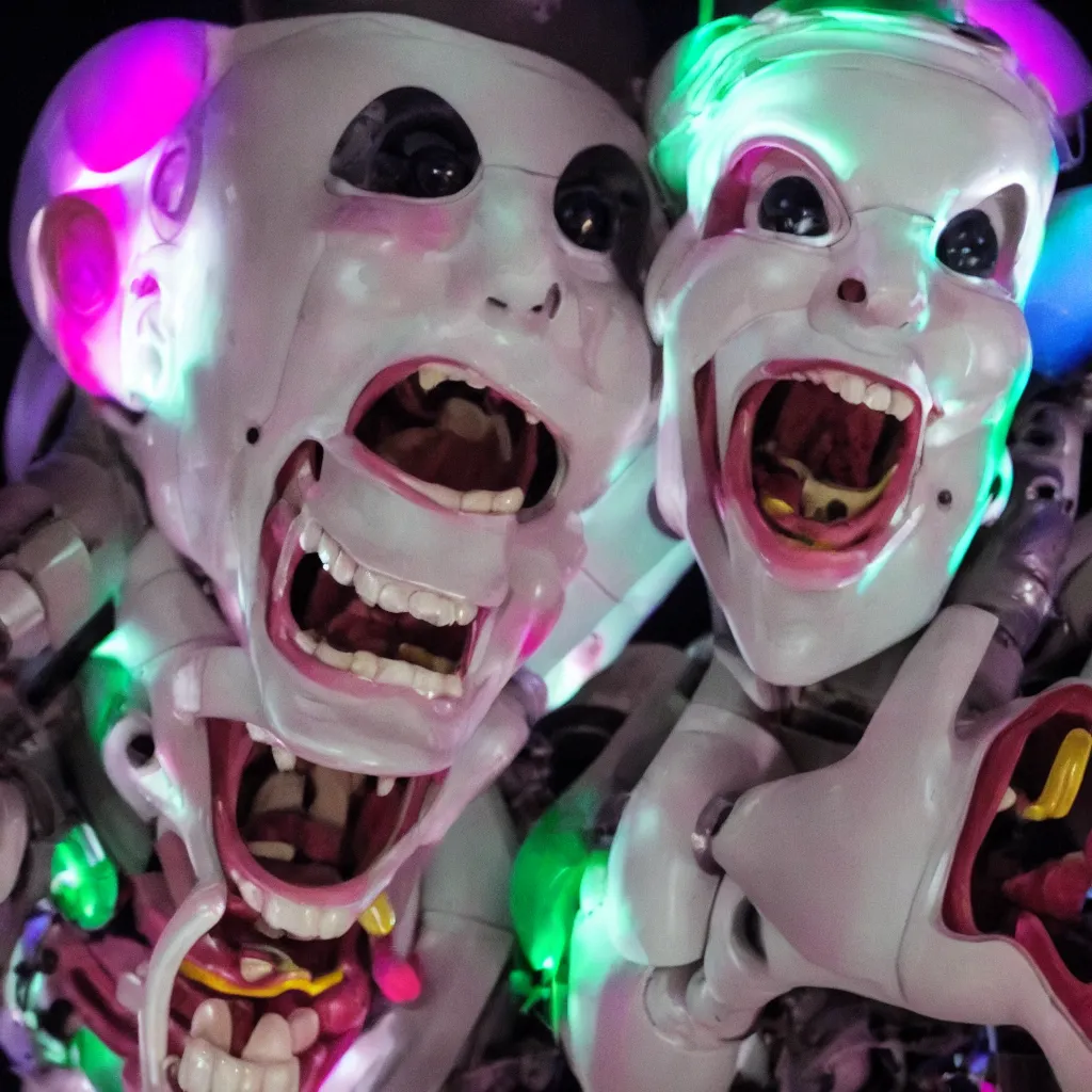 Image similar to closeup portrait of a robot clown laughing, uplighting