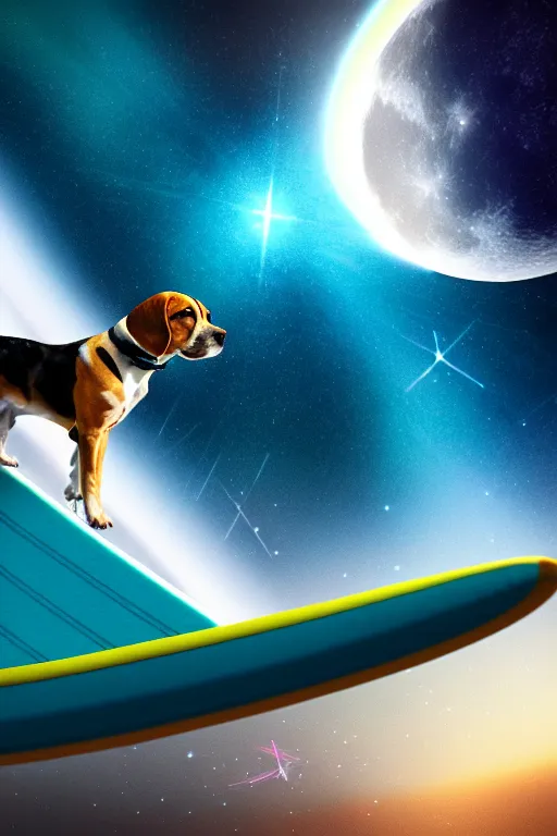 Image similar to beagle dog surfing a surfboard on a sparkly crashing wave of stardust in space, background is a moon in nebula, octane render, unreal engine, wide view, 8 k, highdetaild