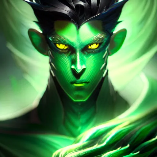 Image similar to a highly detailed portrait of a man with dark green hair and green glowing eyes, high detail clothing, fantasy, elegant, anime, digital painting, artstation, concept art, smooth, sharp focus, illustration, artbook, dynamic pose, splash art, promo art, soul caliber, art by artgerm and greg rutkowski and bo chen and jin xiaodi