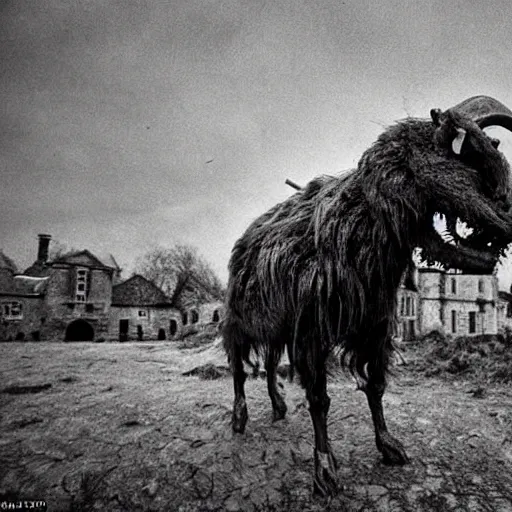 Image similar to horror, moody, still from film, daytime, muddy village square, wide shot, screeching mutant goat monster, powerful, with a mouth crammed full of filthy jagged teeth, matted brown fur, in muddy medieval village square