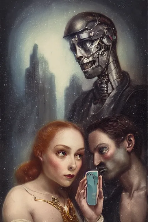 Image similar to a beautiful ultradetailed vintage photo of two cyborgs facing away from each other looking at their cellphones, by tom bagshaw and anna dittman, couples portrait, vignette, 3 5 mm lens, golden ratio composition, detailed faces, studio photography, very detailed, humanoids, industrial robots, artstation, 8 k, highly coherent